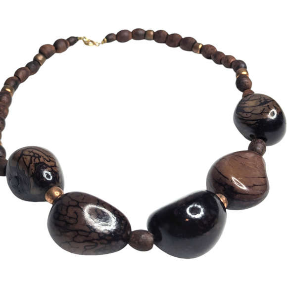 Boho Dark Brown Smooth Wooden Beaded Necklace Womens Vintage Jewelry - Picture 2 of 8